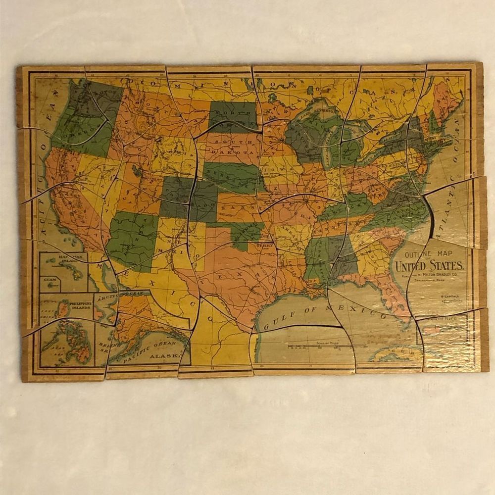 Antique Wooden United States Map Puzzle By Milton Bradley